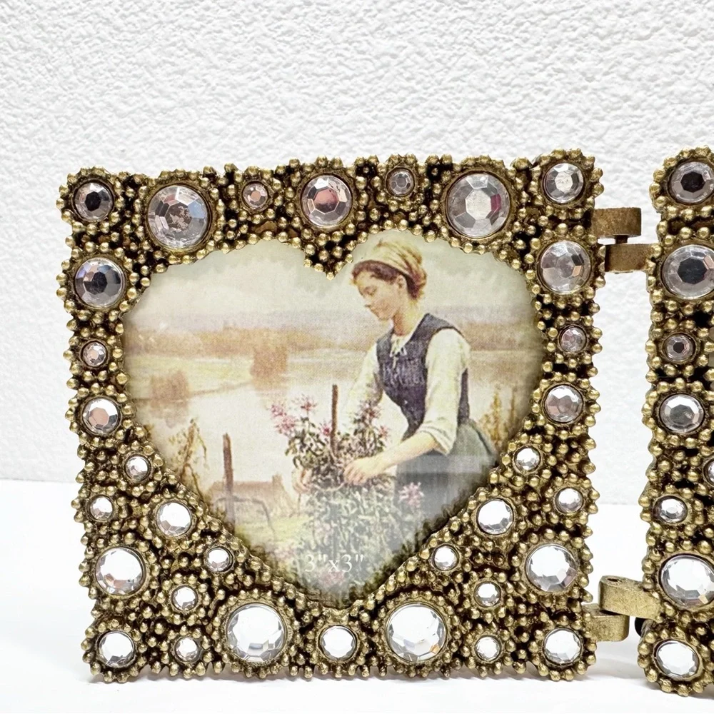 Ornate Metal Brass Double Heart Folding Picture Frame